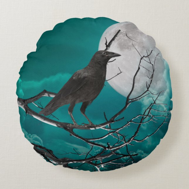 Coussins Ronds Jetez l'oreiller, le corbeau en vert (Devant)
