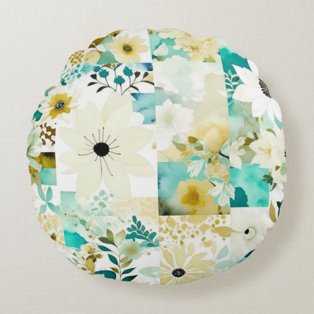 Coussins Ronds Joli Art folklorique Fleurs blanches et turquoise (Devant)