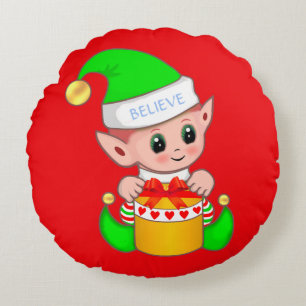 Coussins Ronds Joli bébé elfe de Noël sur fond rouge
