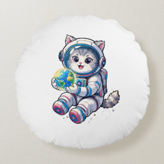 Coussins Ronds Joli Chat Astronaute Tenant la Terre Dessin Animé