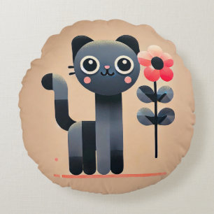 Coussins Ronds Joli chat de dessin animé tenant une fleur