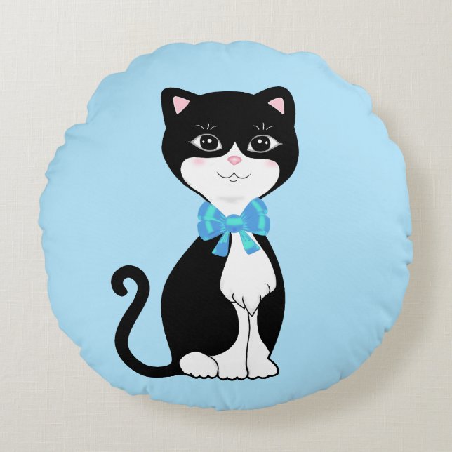 Coussins Ronds Joli chat en smoking sur fond bleu clair (Devant)