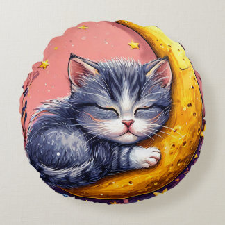 Coussins Ronds Joli chat endormi reposant sur un croissant de lun