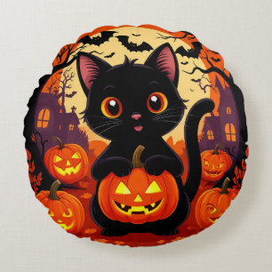 Coussins Ronds Joli Chat Noir avec des Citrouilles d'Halloween