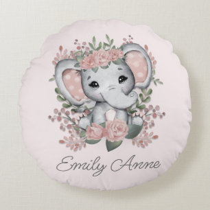 Coussins Ronds Joli éléphant floral à pois Nom de l'enfant  