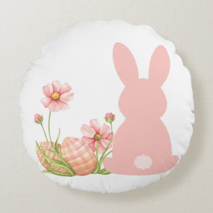 Coussins Ronds Joli lapin de Pâques rose avec des fleurs printani