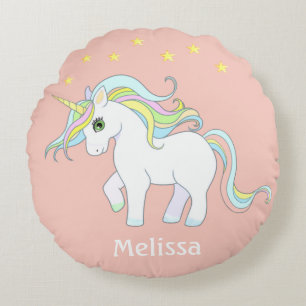 Coussins Ronds Joli licorne et étoiles sur corail rose clair