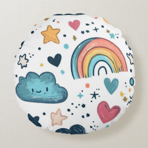 Coussins Ronds Joli Motif Rainbow Doodle avec nuages et étoiles