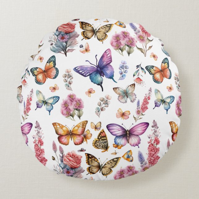 Coussins Ronds Joli papillon d'aquarelle Motif de jardin fleuri (Devant)