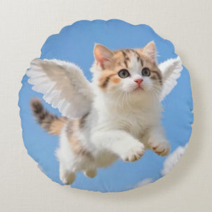 Coussins Ronds Joli Petit Chat Volant Calico Tabby Ciel Bleu