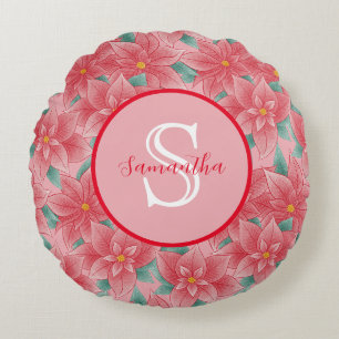 Coussins Ronds Joli poinsettia rose monogramme personnalisé