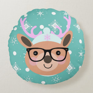 Coussins Ronds Joli Reindeer Noël Casquette Écharpe lunettes
