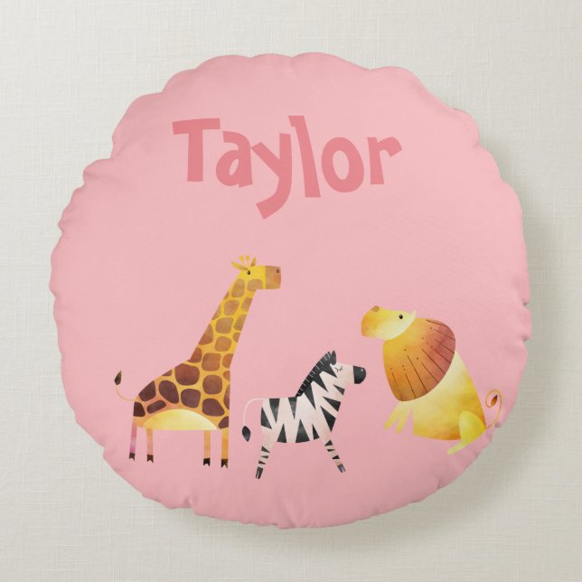 Coussins Ronds Joli Safari rose Zebra Giraffe Lion (Devant)