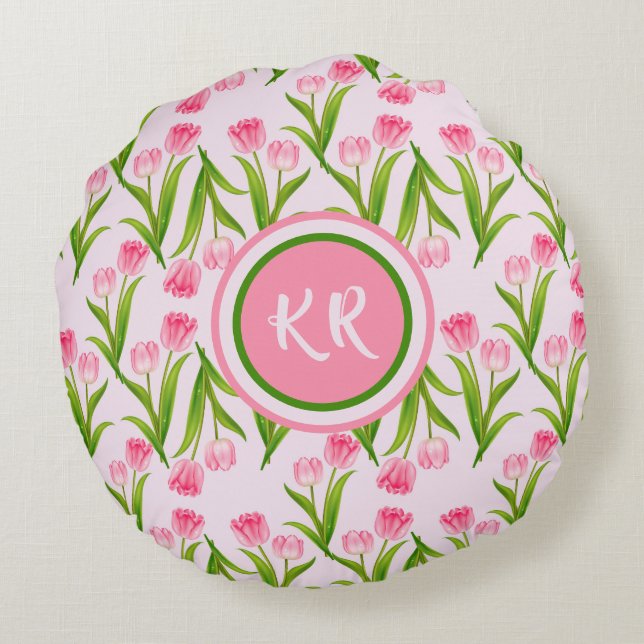 Coussins Ronds Joli Tulipe rose Fleurs Florales Feuille Monogramm (Dos)