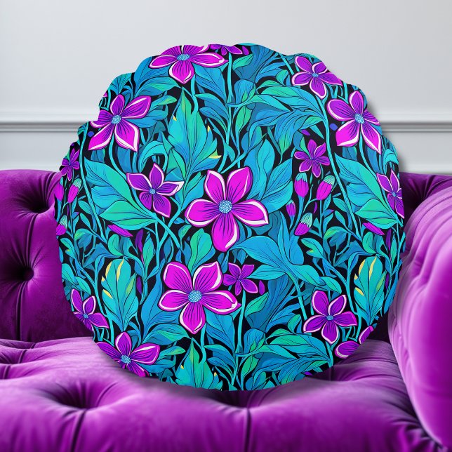 Coussins Ronds Joli violet et Turquoise bleu floral (Créateur téléchargé)
