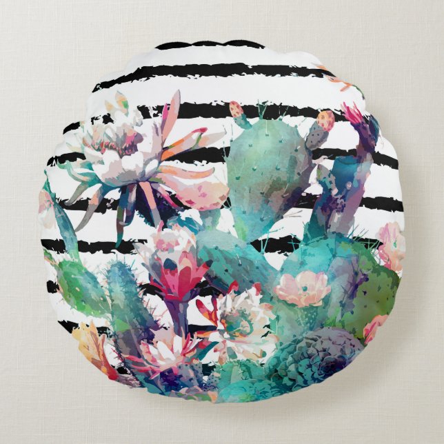 Coussins Ronds Jolie aquarelle Cactus Floral Black Stripes (Devant)