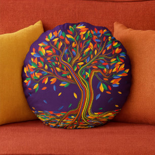 Coussins Ronds Jolie automne Arbre arc-en-ciel violet automne Tha