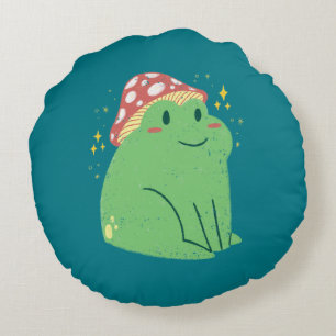 Coussins Ronds Jolie grenouille verte avec chapeau de champignon