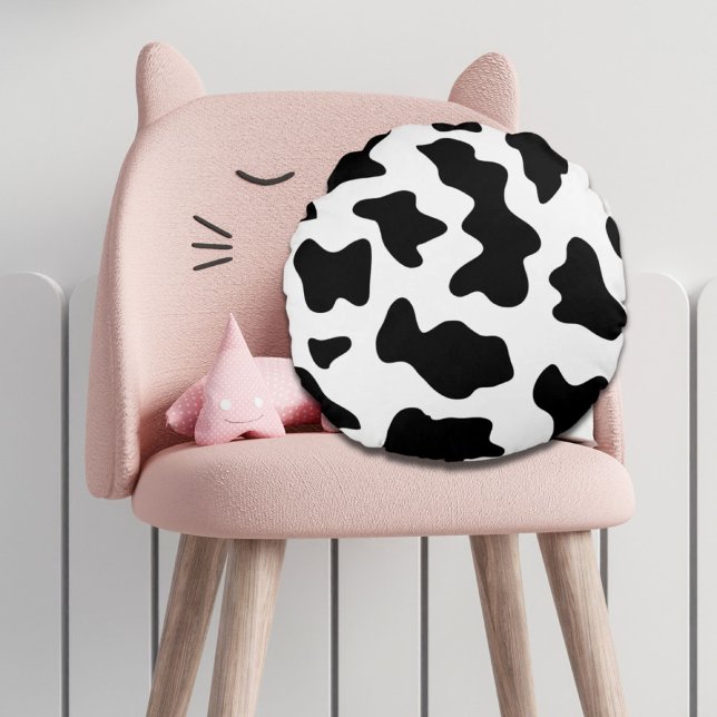 Coussins Ronds jolie impression de vache laitière de ferme en noi (cute black and white farm dairy cow print round pillow)