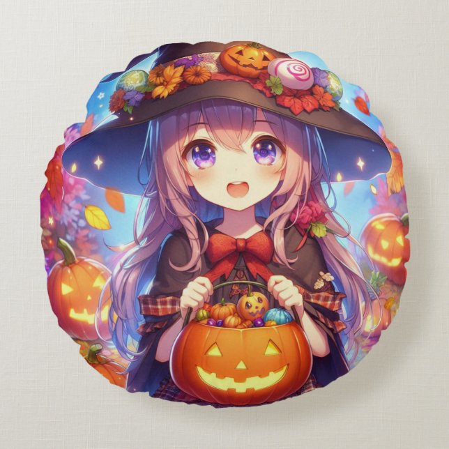 Coussins Ronds Jolie Sorcière d'Halloween Anime (Devant)