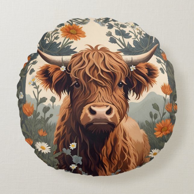 Coussins Ronds Jolie vache Vintage Highland (Devant)