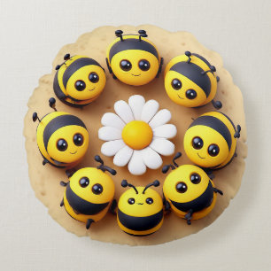 Coussins Ronds Jolies abeilles de dessin animé autour d'une fleur