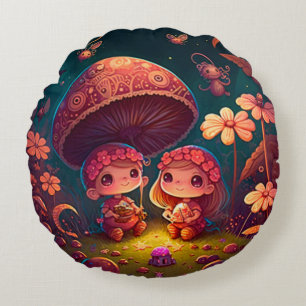 Coussins Ronds Jolies elfes mignonnes jouent sous les champignons