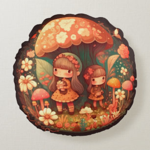 Coussins Ronds Jolies elfes mignonnes jouent sous les champignons
