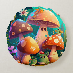 Coussins Ronds Jolies elfes mignonnes jouent sous les champignons
