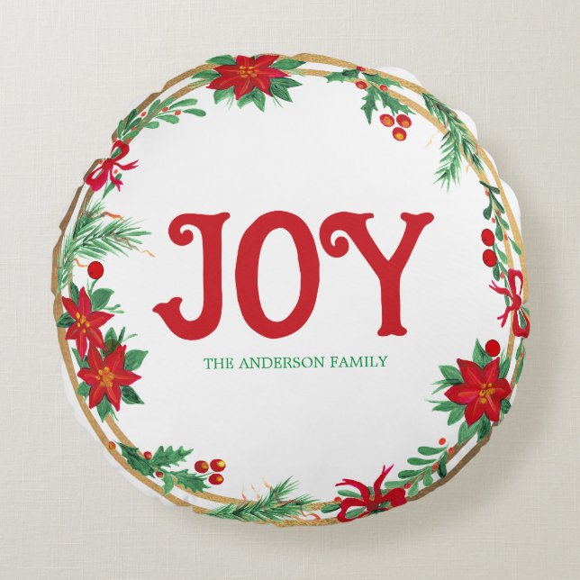 Coussins Ronds Joy Gold Red White Green Feuilles Wreath Noël (Devant)