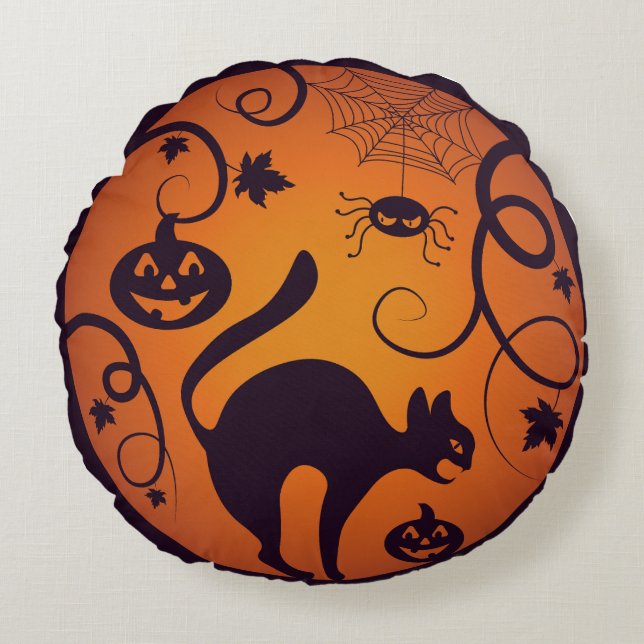 Coussins Ronds Joyeuse lanterne d'Halloween araignées et chauves- (Devant)