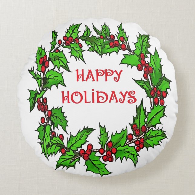 Coussins Ronds Joyeuses fêtes Noël Holly Wreath (Devant)