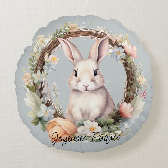 Coussins Ronds Joyeuses Pâques Lapin De Pâques Dans Une Couronne  (Devant)