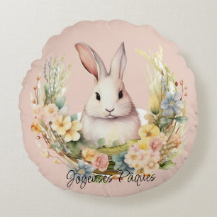 Coussins Ronds Joyeuses Pâques Lapin De Pâques Dans Une Couronne 