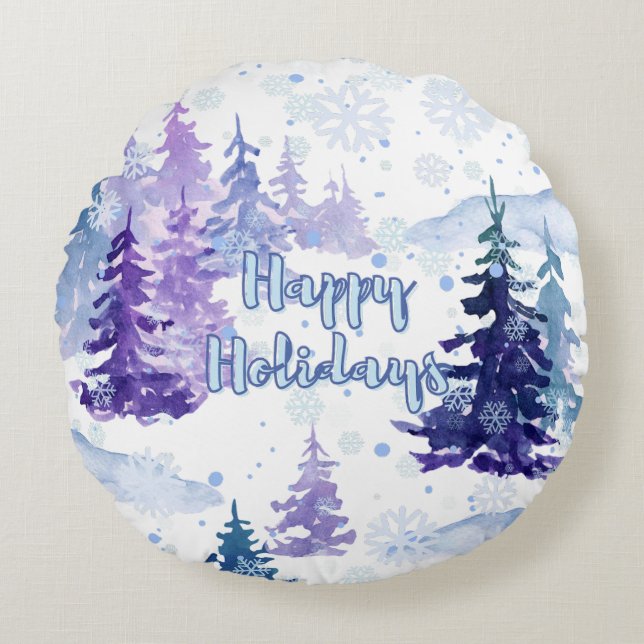 Coussins Ronds Joyeuses vacances Purple hiver Snowy Trees (Devant)