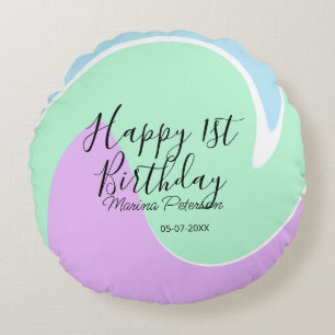 Coussins Ronds Joyeux 1er anniversaire rose vert bleu acrylique v