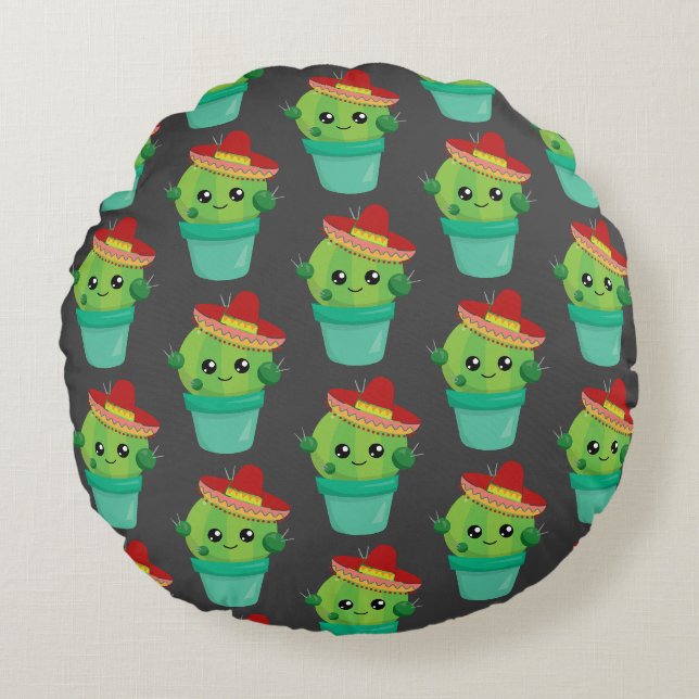 Coussins Ronds Joyeux cactus vert dans un Motif du Sombrero rouge (Devant)