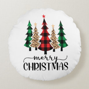 Coussins Ronds Joyeux Noël arbres à carreaux rouges verts noirs 