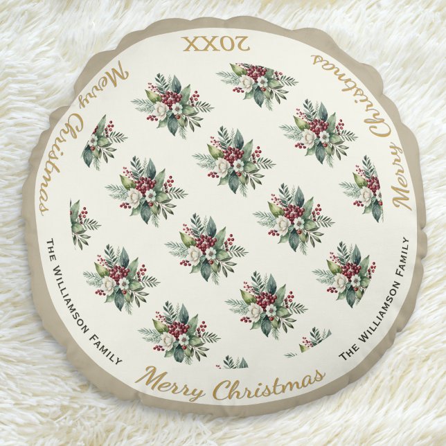 Coussins Ronds Joyeux Noël Festif Vacances Aquarelle Florale (An elegant round pillow with 'Merry Christmas' words, floral pattern and customizable name and year)