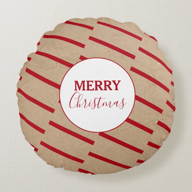 Coussins Ronds Joyeux Noël Red Stripes Kraft Rustique (Devant)