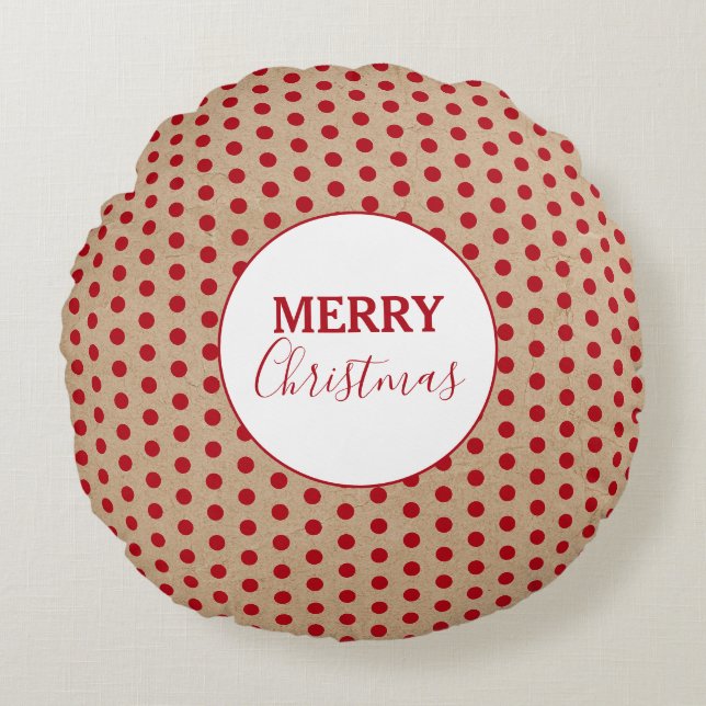 Coussins Ronds Joyeux Noël Rouge Pois Kraft Rustique (Devant)