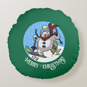 Coussins Ronds Joyeux Noël! Texte modifiable Ski Snowman