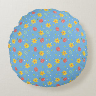 Coussins Ronds Joyeux Oeufs De Lapin De Pâques Floral Bleu