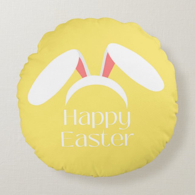 Coussins Ronds Joyeux Pâques blanc lapin oreilles jaune (Devant)