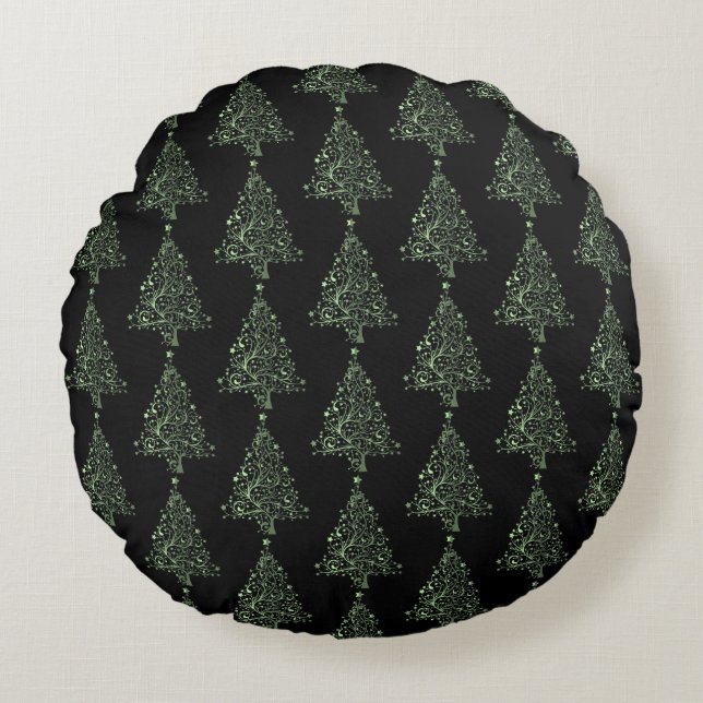 Coussins Ronds Joyeux sapin de Noël étoiles Motif vert noir (Devant)