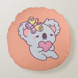 Coussins Ronds Kawaii Koala with Heart and Butterfly