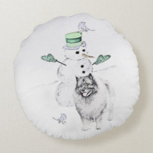 Coussins Ronds Keeshond Noël Snowman Peinture Chien Art