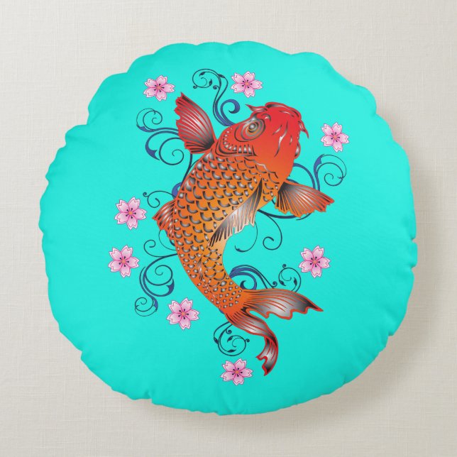 Coussins Ronds Koi poisson oriental orange turquoise floral éléga (Devant)
