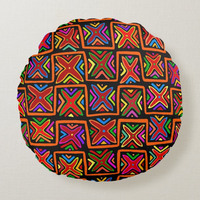 Coussins Ronds Kuna Indian Mola Tribal Checks - Rouge (Devant)