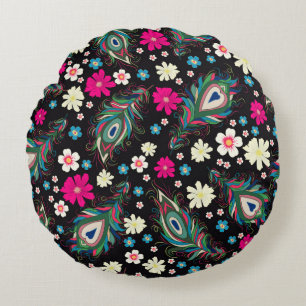 Coussins Ronds La broderie paon plumes motif sans soudure. Classe